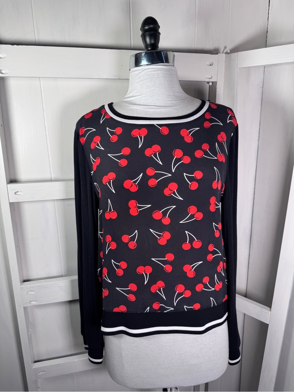 Black Cherry Print Long Sleeve Top cotton/silk, fits most sizes, medium